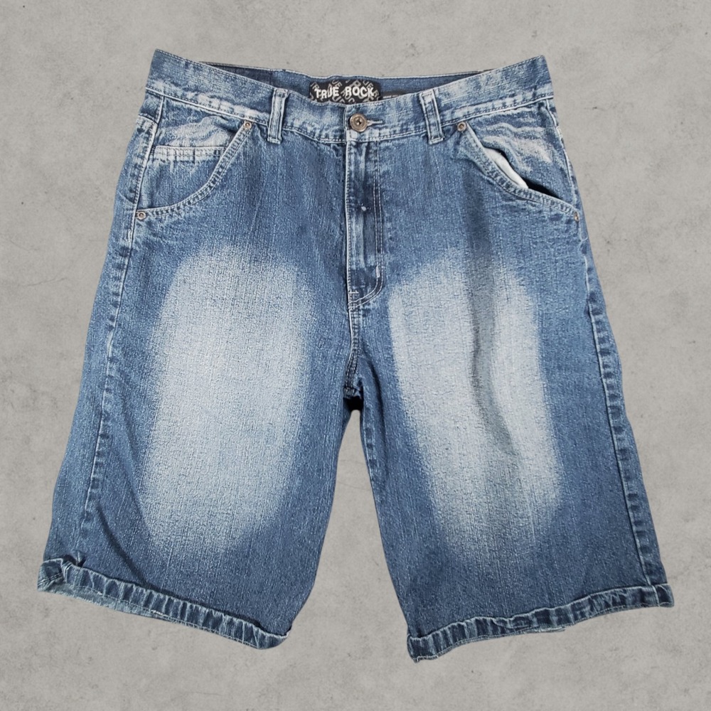 True Rock Denim Shorts Men 34 Blue Relaxed Fit Sandblasted Fade Y2K Skater Baggy
